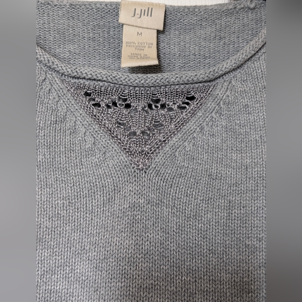 Vintage J.Jill Gray Knit Sweater with Lace Detail, Cotton, Cottagecore Boho Sz M